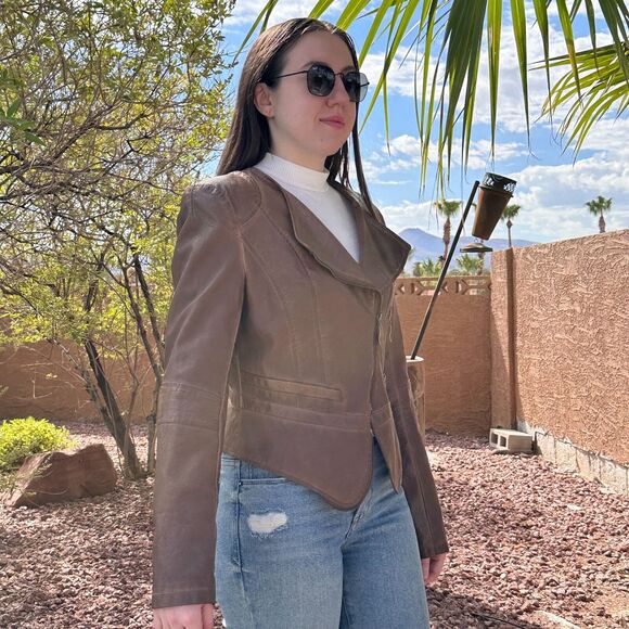 One Community Women's Medium Faux Leather Moto Biker Jacket Brown Zipper - Picture 3 of 8